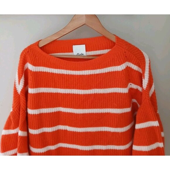 Allude Cashmere Wool Blend Sweater Est Size Large Orange Stripe Balloon Sleeve - Picture 2 of 9